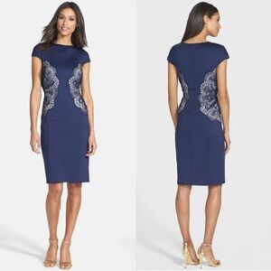 Tadashi Shoji Lace Inset Jersey Cap Sleeve Above Knee Dress Navy Blue Size 12